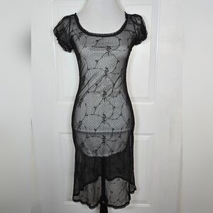 Betsy Johnson Black Sheer Embroidered Dress Size Small Cap Sleeves
